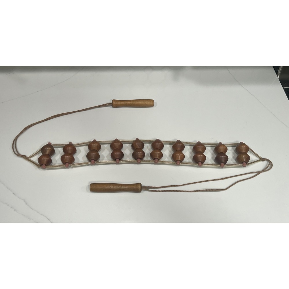 Vintage Wooden Bead Back Massager Rope Roller Manual Deep Tissue Trigger Point